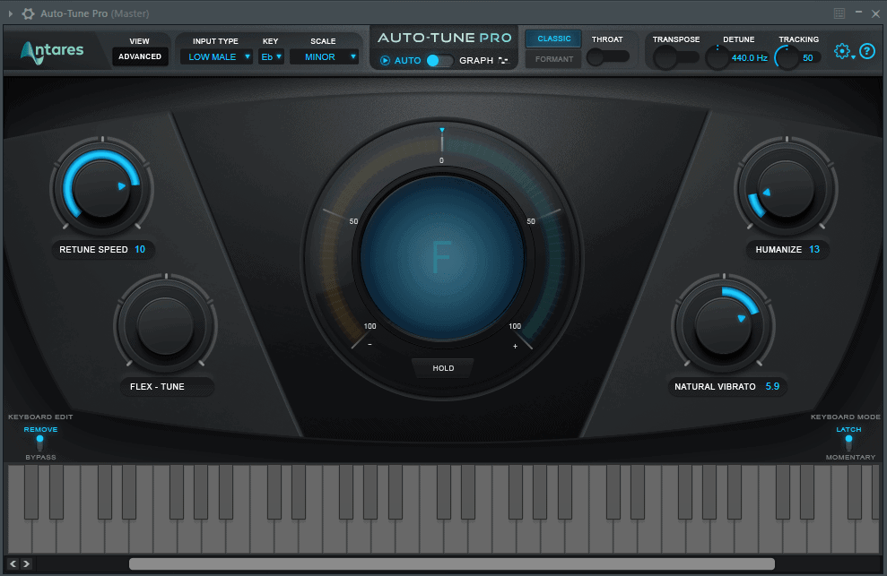 A screenshot of the Antares Auto-Tune menu in the DAW(Digital Audio Workstation)
