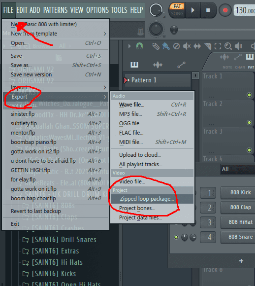 A screenshot showing the route: File, Export, Zipped Loop Package.