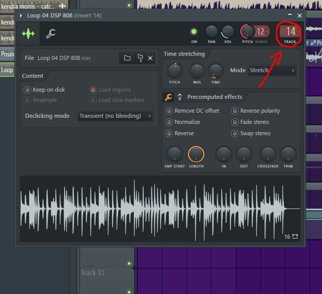 A screenshot showing a sound in the FL studio being routed to the mixer.