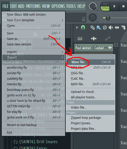 A screenshot showing the route to export a wav file.
File, Export, Wav