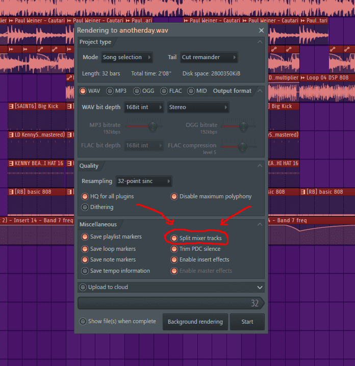 The screenshot showing the last window the FL Studio pop before actually rendering the beat. In this window you must tick the "Split mixer tracks"