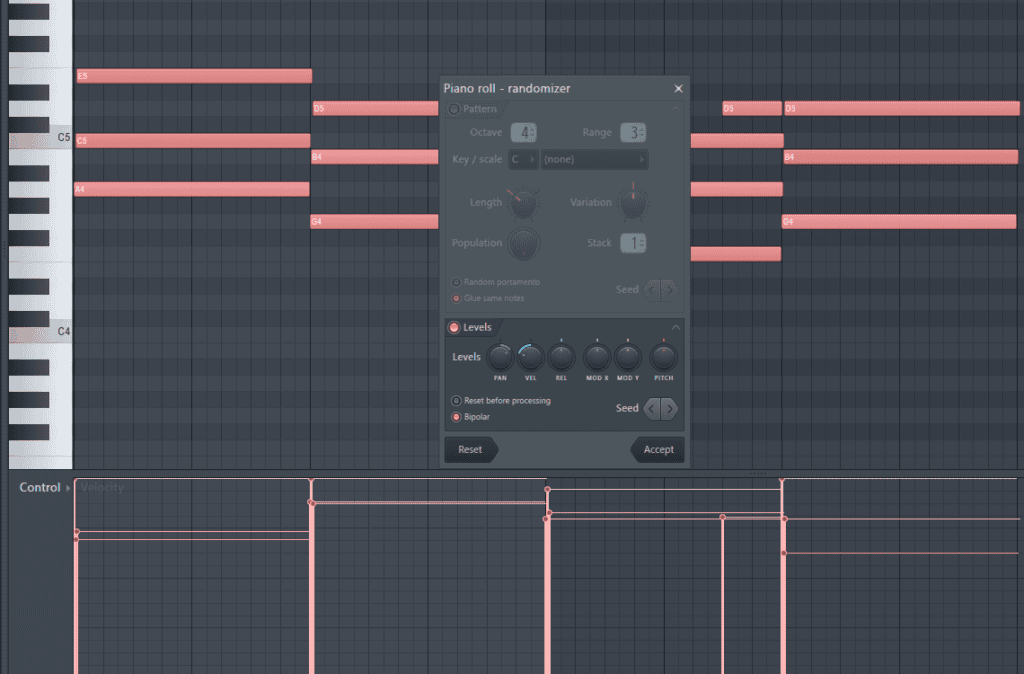 Screenshot showing the Piano Roll in FL Studio and the Randomizer. Randomizing the pan and the velocity