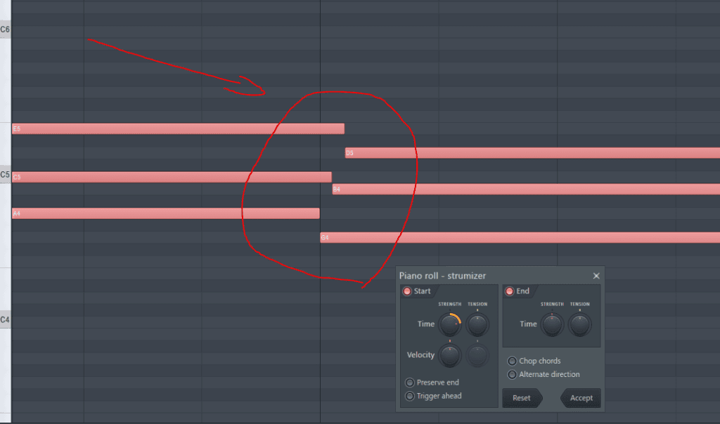 Screenshot showing the Piano Roll in FL Studio and the Strum option. Strumming the notes so they sound human.