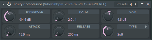 Screenshot showing Fruity Compressor configuration in FL Studio