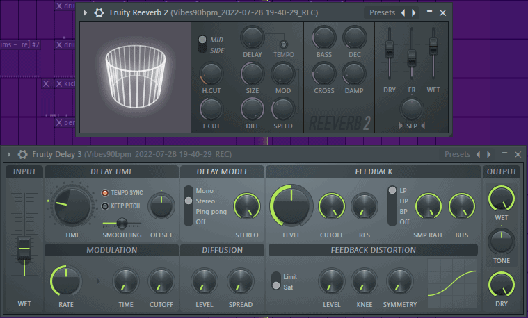 Screenshot showing Fruity Reverb 2 and Fruity Delay 3 configurations in FL Studio