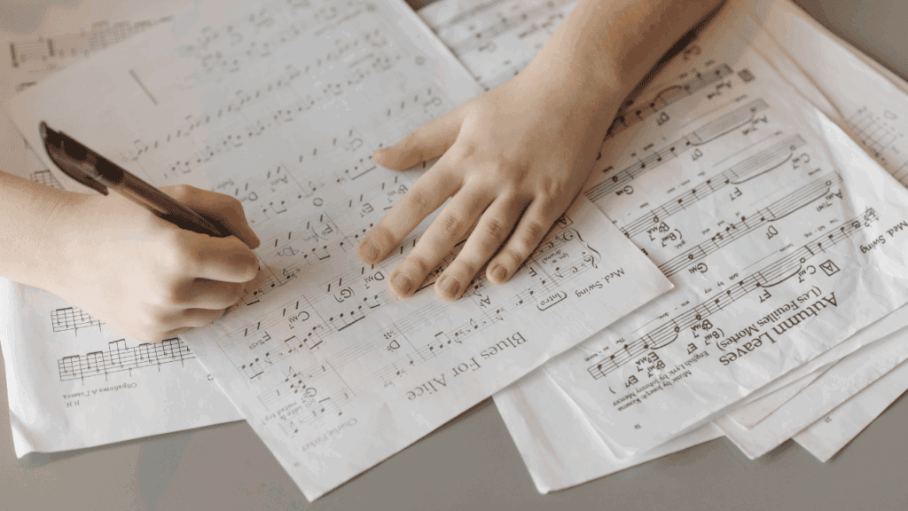 Child writing on music notation sheets during a theory exercise, reflecting the early stages of music education development.