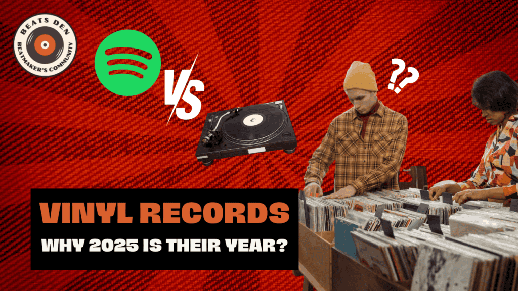 Vinyl records vs streaming debate thumbnail with a turntable, Spotify logo, and record collectors browsing in a store.