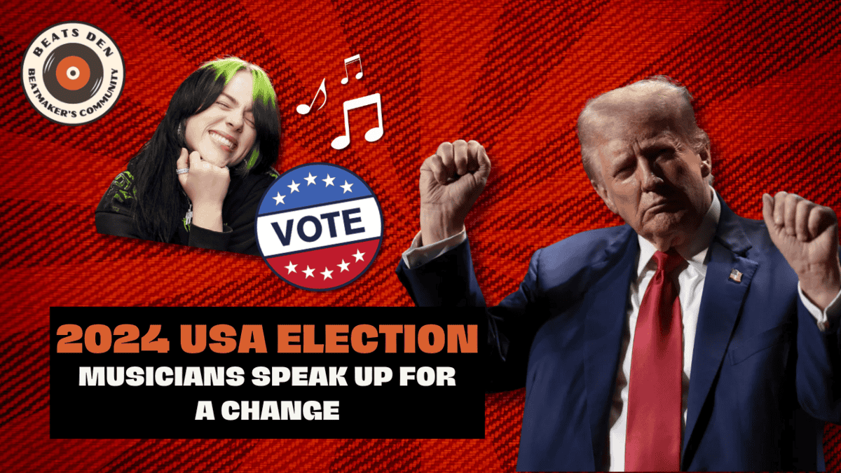 2024 USA election cover with a red background, showing Billie Eilish smiling on the left, Donald Trump with a raised fist on the right, and a large VOTE button with musical notes in the center. Includes the Beats Den logo and text that reads '2024 USA Election - Musicians Speak Up for a Change.