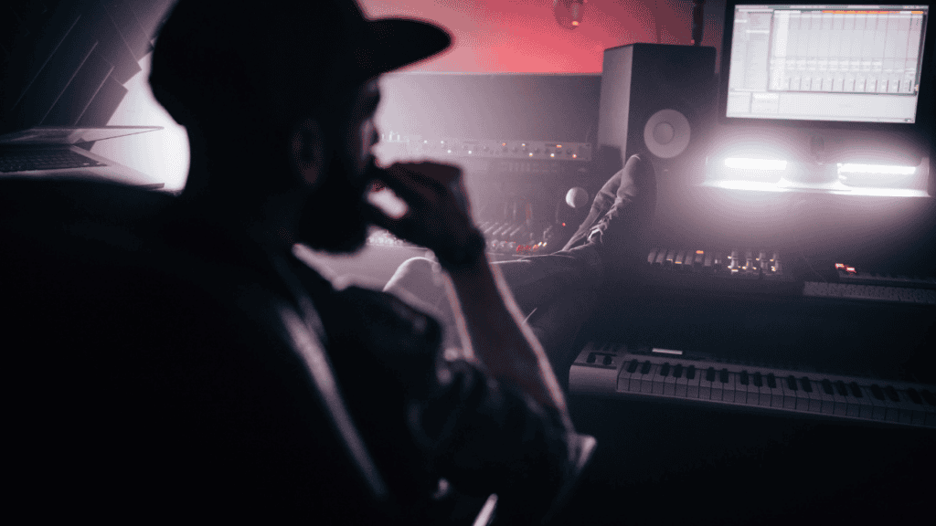 A producer in a moody studio setting, reflecting on beats available on BeatsDen.