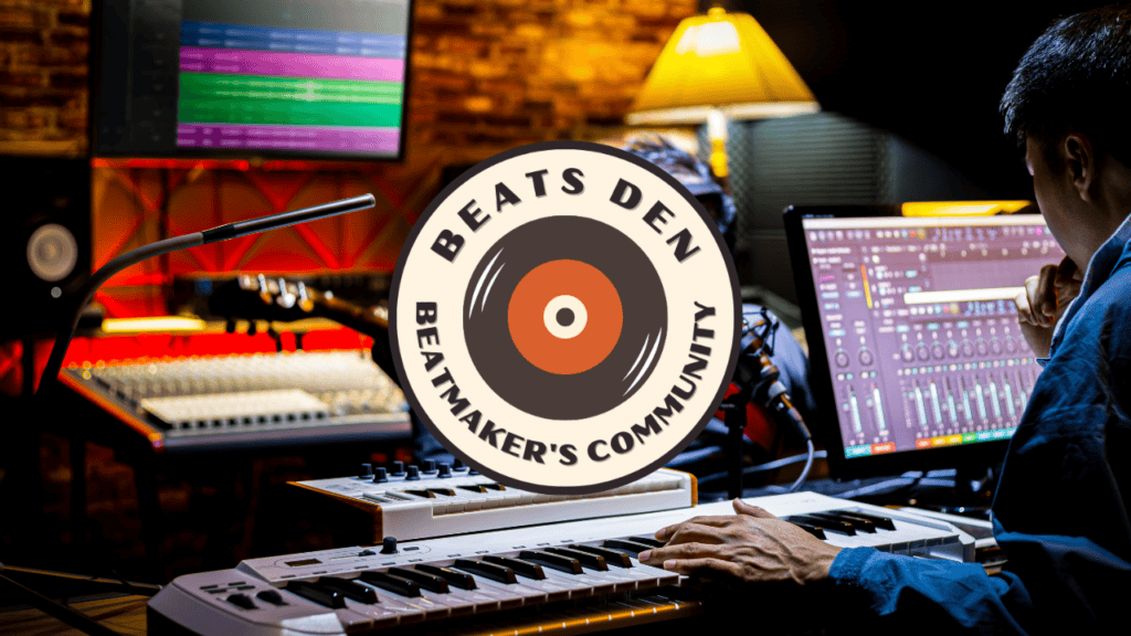 A music producer working on a beat in a professional studio with the BeatsDen logo overlayed.
