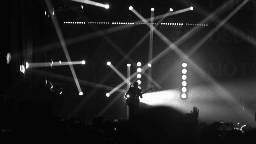Black and white silhouette of a musician performing on stage under dramatic lighting.