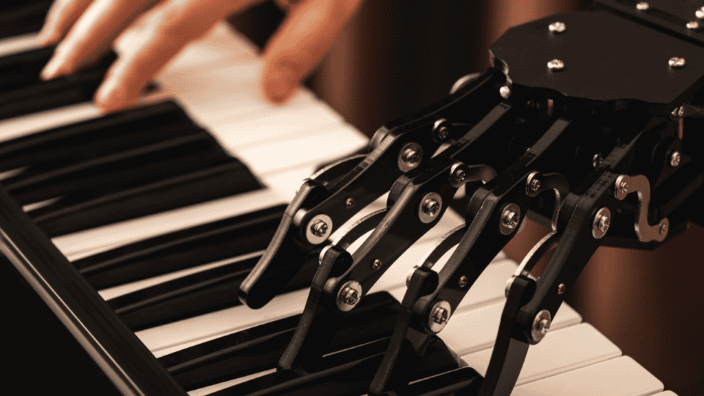 Robotic hands pressing piano keys in a creative setting.