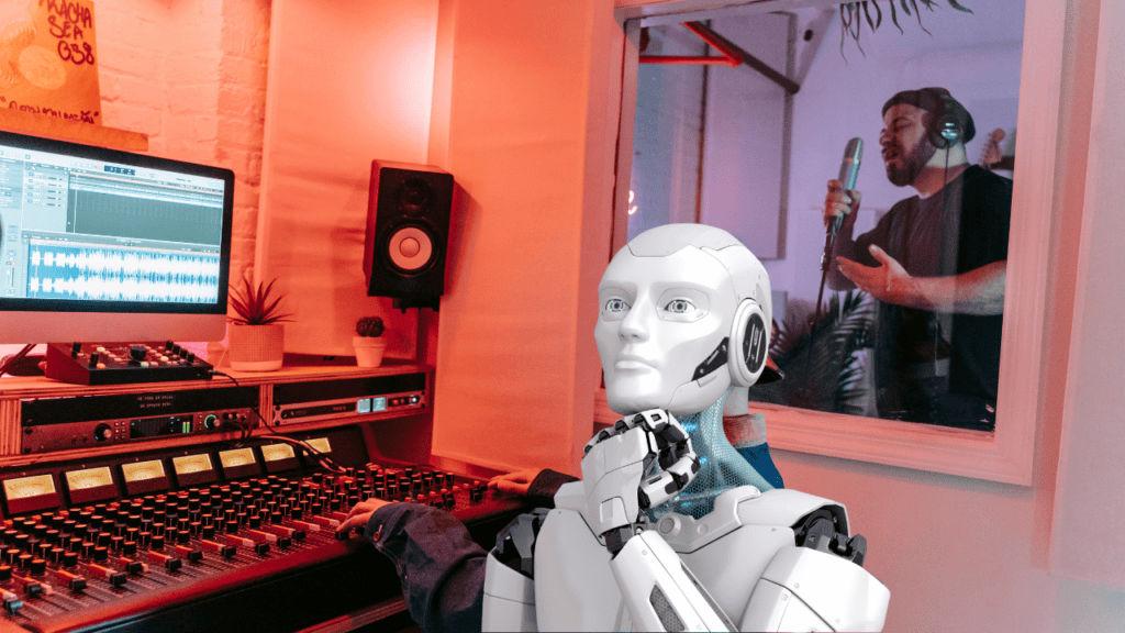 Robot working with a producer in a vibrant music studio.