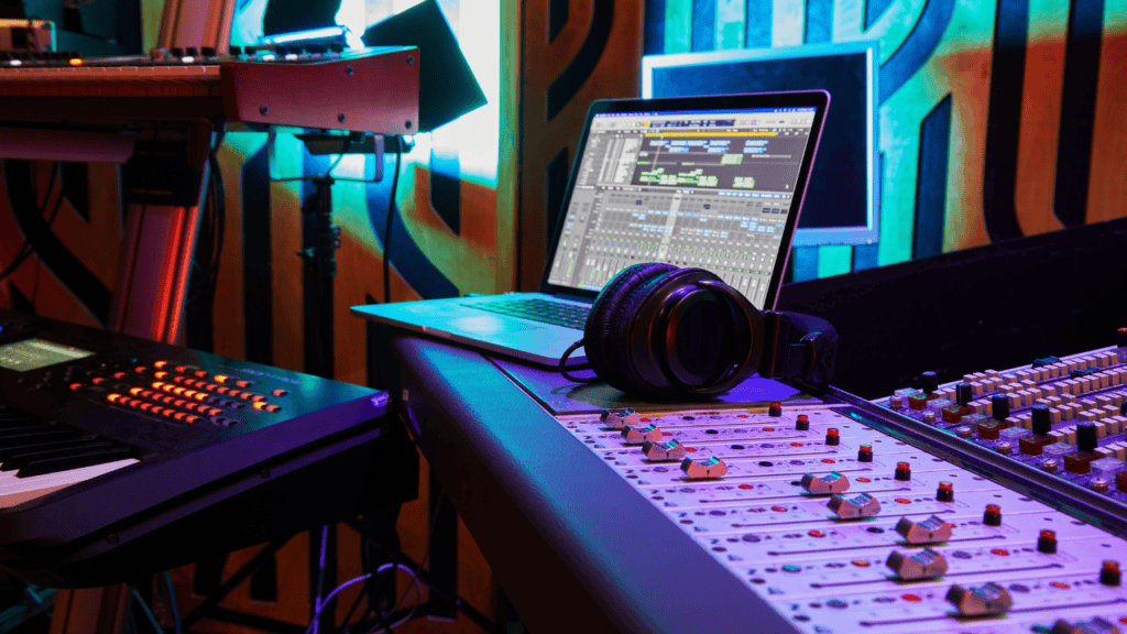 Music studio setup with headphones, digital mixing board, and keyboard.