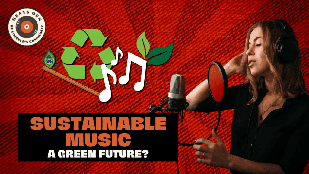 Female singer recording vocals in a studio with a sustainable music theme, featuring recycling symbols, musical notes, and green leaves.