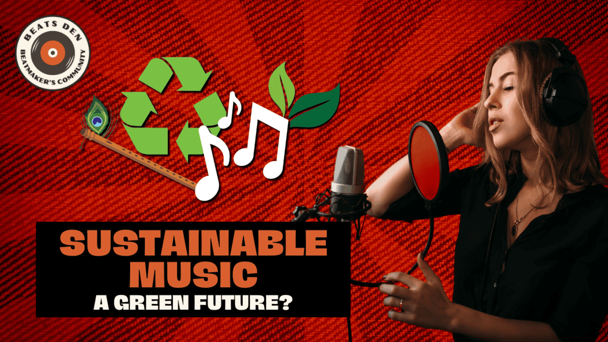 Female singer recording vocals in a studio with a sustainable music theme, featuring recycling symbols, musical notes, and green leaves.