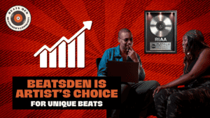 BeatsDen thumbnail featuring two people discussing beats, a rising graph icon symbolizing growth, the BeatsDen logo, and an RIAA Platinum Award displayed on a vibrant red background.