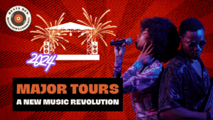 Major music tours 2024 thumbnail featuring two artists performing, fireworks, a stage graphic, and the BeatsDen logo on a red abstract background.