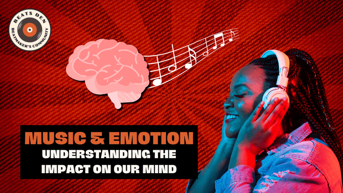 Illustration of music and emotion with a brain, musical notes, and a woman enjoying music on headphones.