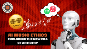 A robot thinking about music with notes and streaming platform logos, representing AI music ethics and artistry.