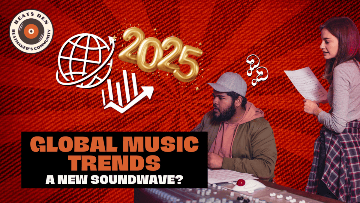 A producer at a music console and a singer holding notes against a red abstract background with '2025' graphics.