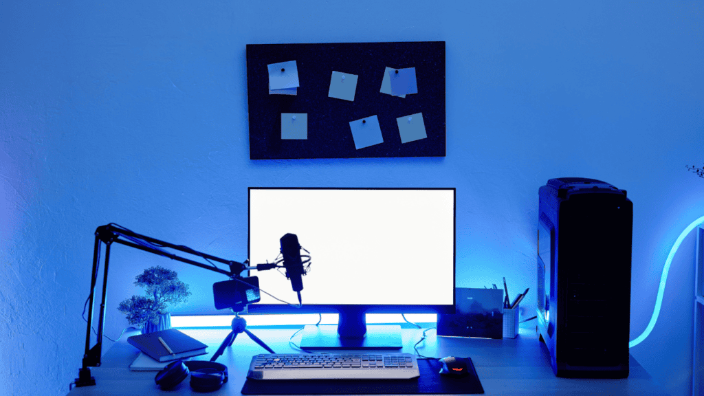 Desk setup with computer and microphone for music streaming.