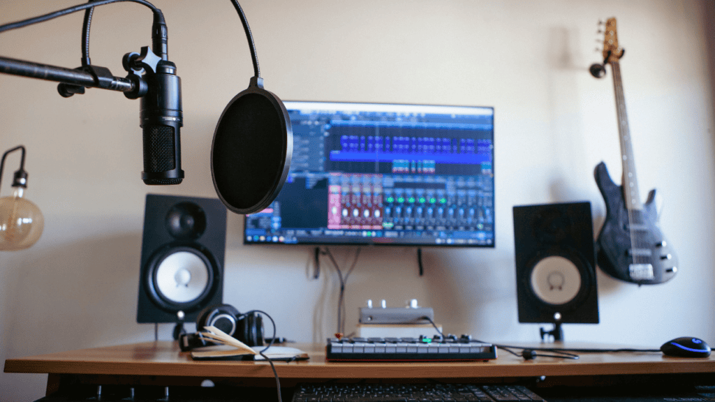 Digital audio workstation with a microphone and MIDI controller.