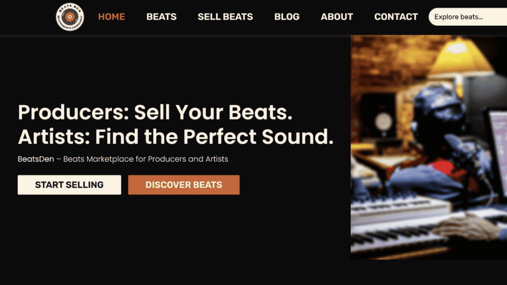 BeatsDen homepage featuring beat marketplace for producers and artists.