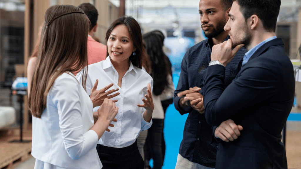Industry professionals networking at a music conference.