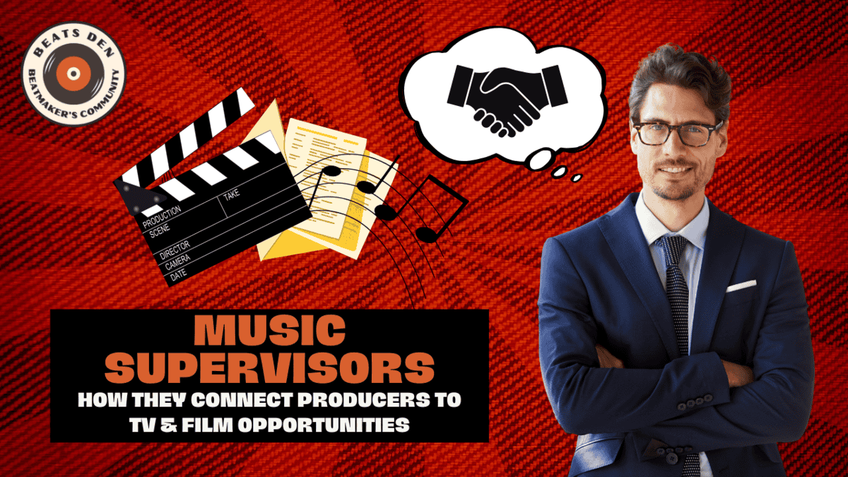 A professional music supervisor in a suit with a handshake symbol, clapperboard, and musical notes, symbolizing collaboration between producers and TV/film opportunities.