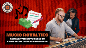 Two music producers working in a studio, with icons of money, contracts, and music notes representing music royalties.