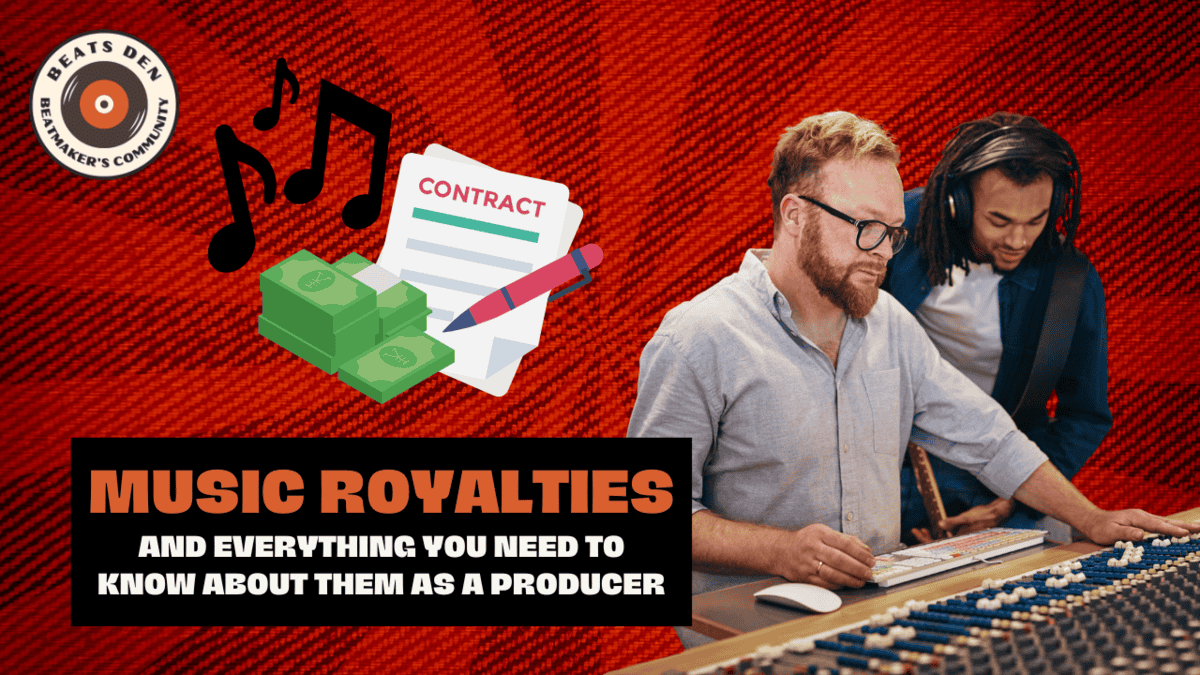 Two music producers working in a studio, with icons of money, contracts, and music notes representing music royalties.