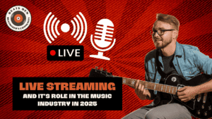 Musician playing guitar during a live stream with a microphone and 'live' broadcast icon.