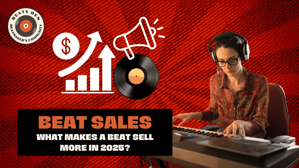 Female music producer working on a MIDI keyboard with beat sales marketing graphics.