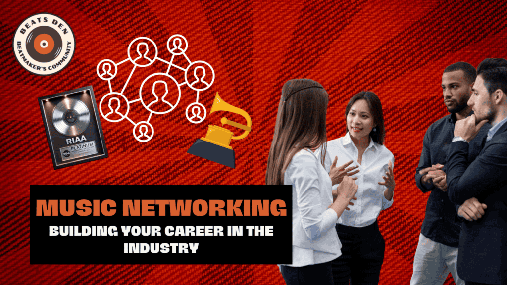 Music professionals networking and discussing opportunities in the music industry.