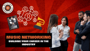 Music professionals networking and discussing opportunities in the music industry.