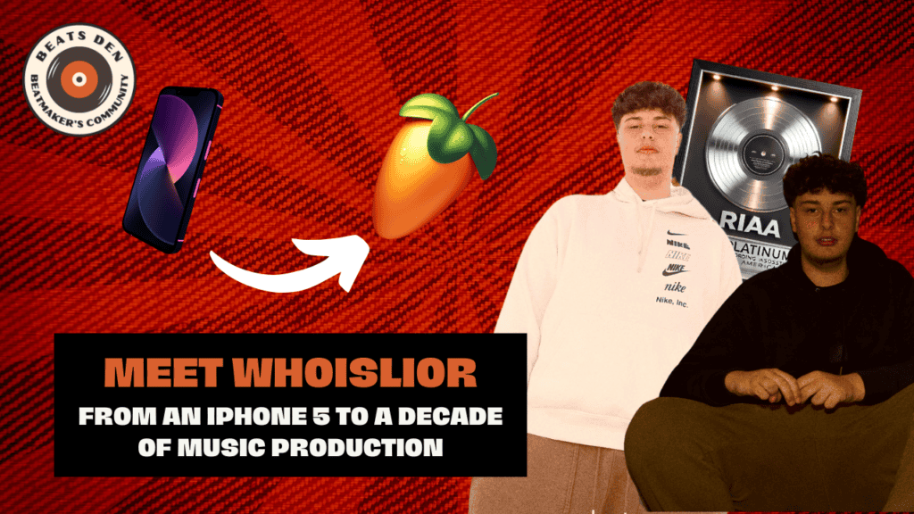 A YouTube thumbnail with bold text reading "Meet WhoisLior – From an iPhone 5 to a Decade of Music Production." The design includes an image of WhoisLior, an iPhone leading to the FL Studio logo, and an RIAA platinum plaque in the background, representing his journey from beginner to professional producer.
