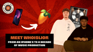 A YouTube thumbnail with bold text reading "Meet WhoisLior – From an iPhone 5 to a Decade of Music Production." The design includes an image of WhoisLior, an iPhone leading to the FL Studio logo, and an RIAA platinum plaque in the background, representing his journey from beginner to professional producer.