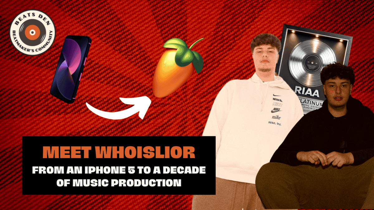 A YouTube thumbnail with bold text reading "Meet WhoisLior – From an iPhone 5 to a Decade of Music Production." The design includes an image of WhoisLior, an iPhone leading to the FL Studio logo, and an RIAA platinum plaque in the background, representing his journey from beginner to professional producer.