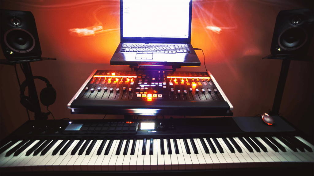 A laptop-based home studio with a keyboard, mixer, and studio monitors in a warm, ambient glow.