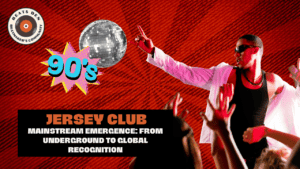 Thumbnail featuring a disco ball, a 90s pop-art design, and a performer in a white jacket, promoting a Jersey Club blog post.