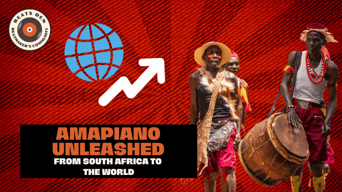 Thumbnail showing traditional African drummers alongside a global icon and upward arrow, illustrating Amapiano’s worldwide rise.