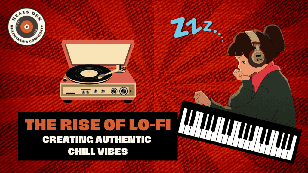 A stylized thumbnail featuring a vintage record player, a cartoon character with headphones, and a keyboard, illustrating the rise of lo-fi music and its chill vibes.