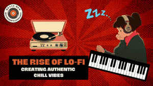 A stylized thumbnail featuring a vintage record player, a cartoon character with headphones, and a keyboard, illustrating the rise of lo-fi music and its chill vibes.