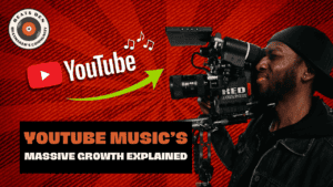 Videographer filming with a RED camera next to a YouTube logo and music symbols