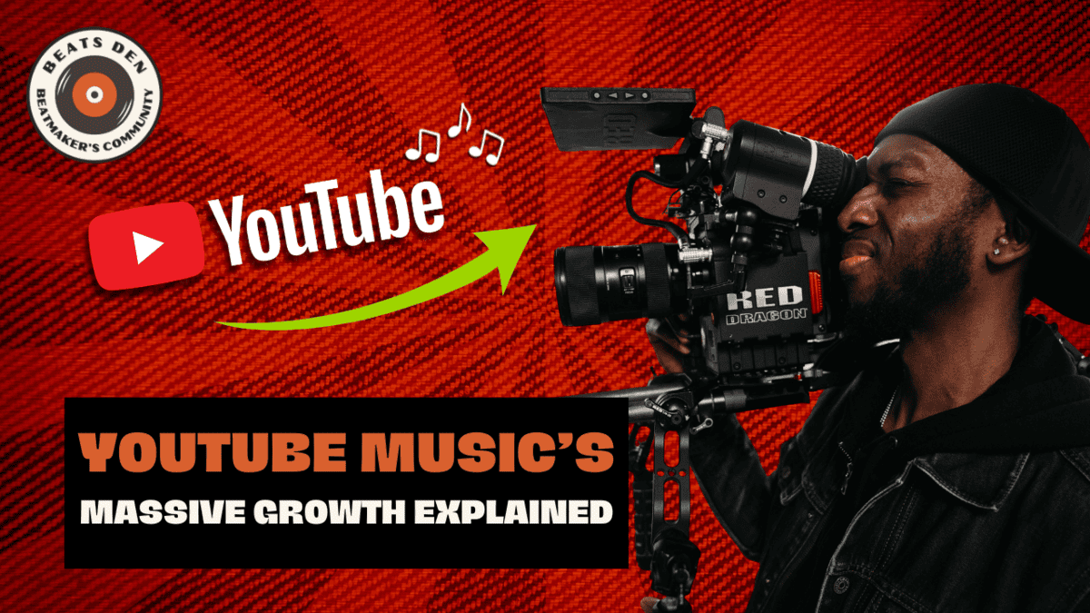 Videographer filming with a RED camera next to a YouTube logo and music symbols