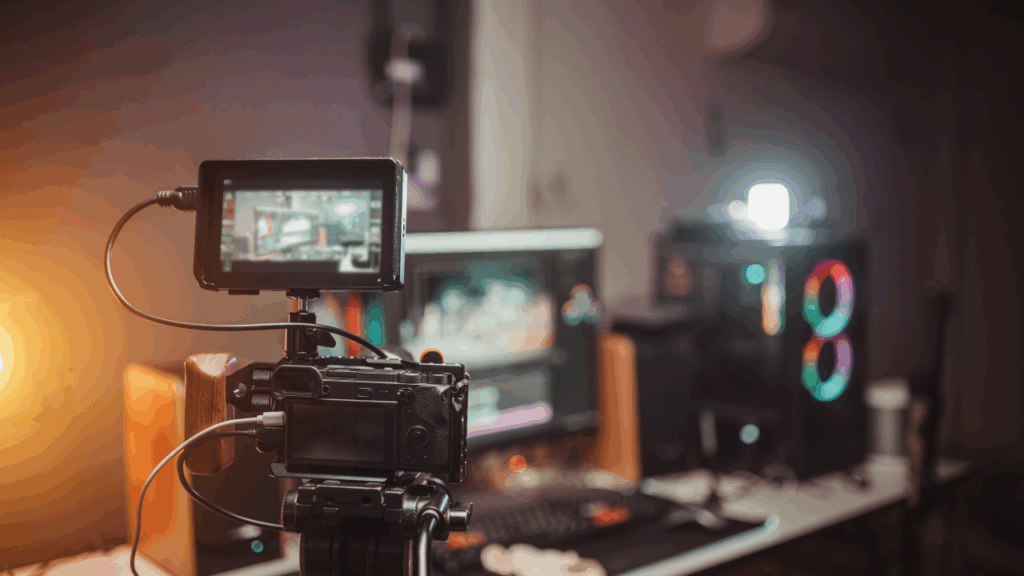 A professional camera setup recording content in a creative studio environment.