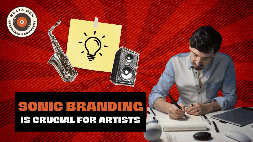 Musician sketching ideas with icons of a saxophone, speaker, and lightbulb on a red textured background