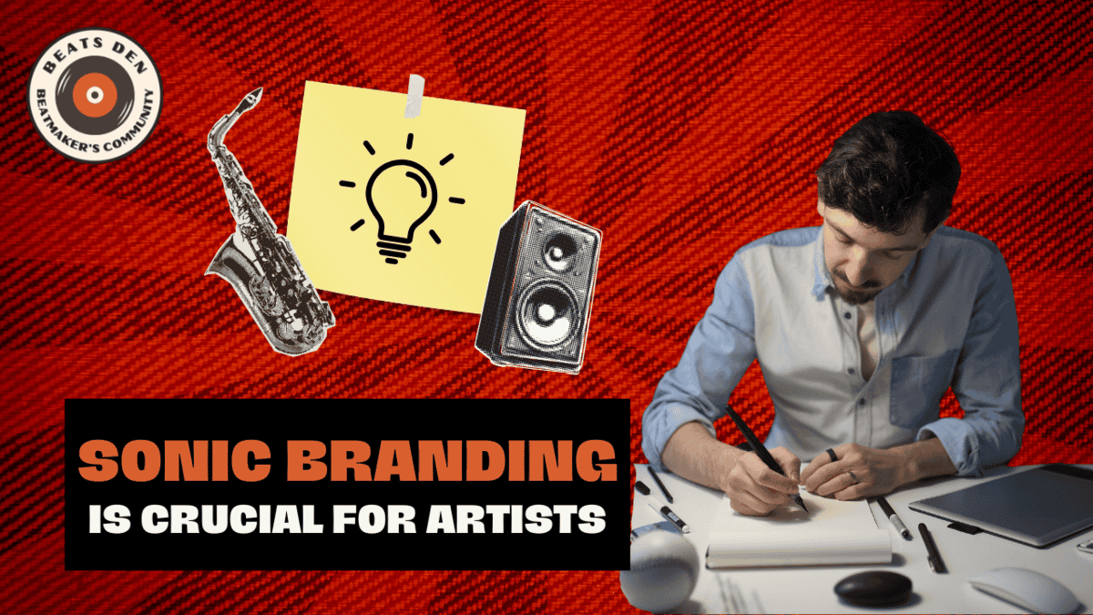 Musician sketching ideas with icons of a saxophone, speaker, and lightbulb on a red textured background