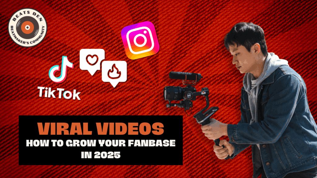 Filmmaker holding a camera with TikTok and Instagram icons, highlighting viral video creation for fanbase growth in 2025.